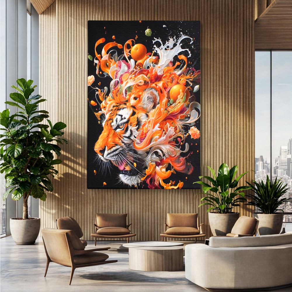 Tablou canvas cu tablou canvas cu cap de tigru si portocale, fara rama, pe sasiu de lemn, pe perete intr-un birou